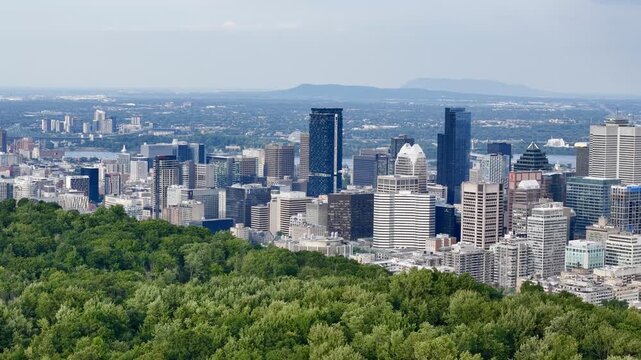 Montreal downtown skyline from Mount Royal with park, lake and greenery in summer, Quebec, Canada. g.