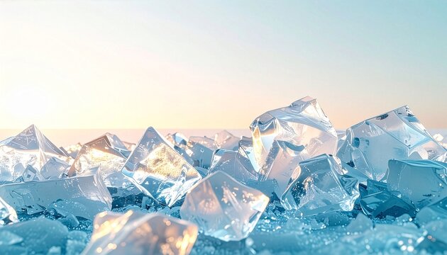 宝石のように輝く結晶とファセットに差し込む朝日、ペールブルーの空と氷原が広がる水平線写真