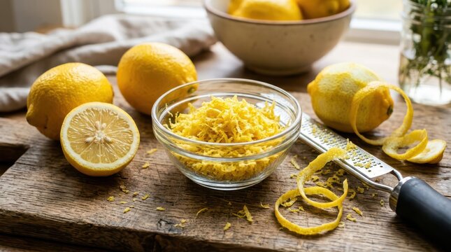 Fresh lemons with a bowl of lemon zest and a grater on a wooden board
