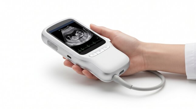 Doctor using portable ultrasound device for patient diagnostics. Medical professional operating handheld diagnostic scanner for real-time imaging.