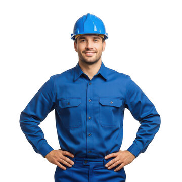 Smiling construction worker wearing a blue uniform and helmet isolated on transparent background