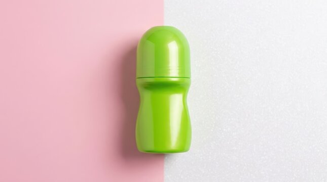 Green rollon deodorant bottle on pink and white background