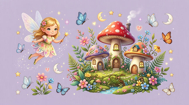 A whimsical illustration of a cute fairy flying over a magical mushroom village with colorful flowers, butterflies, and sparkling stars on a pastel purple background.