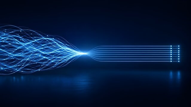Glowing blue digital network lines transitioning from chaos to order representing data processing and system simplification.