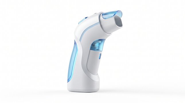 Futuristic smart inhaler device for respiratory health. Advanced medical tech gadget with digital connectivity and ergonomic design.