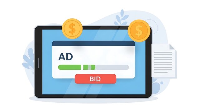 A digital illustration featuring a tablet interface showing a mobile advertising auction process with a bid button and floating currency coins representing automated real-time programmatic marketing
