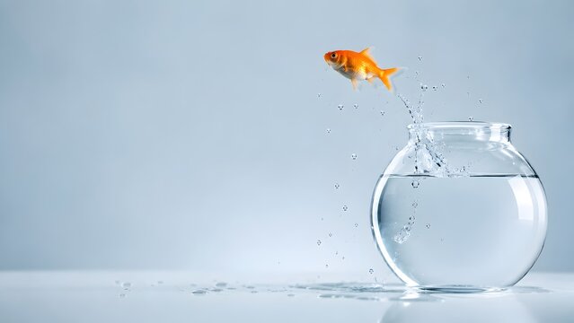 Goldfish jumping out of glass fishbowl with splashing water representing courageous business risk escape freedom and ambitious challenge concept
