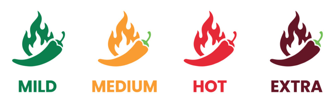 Chili Pepper Heat Scale: A graphic illustration depicting four chili peppers with flames, symbolizing different levels of spice intensity from mild to extra hot.