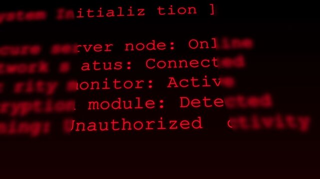 Digital code display showing critical system security alert with glowing red text. Ideal background for technology, data protection, network security, and cybercrime topics.