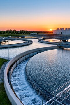 Water treatment plant purifying fresh water at sunset