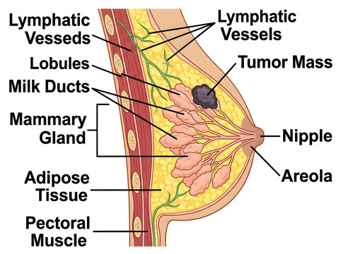 Anatomical diagram of breast with tumor mass and lymphatic system isolated on white background