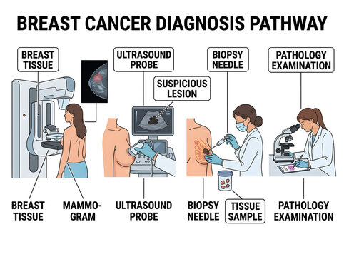 Breast cancer diagnosis process with medical equipment illustration isolated on white background