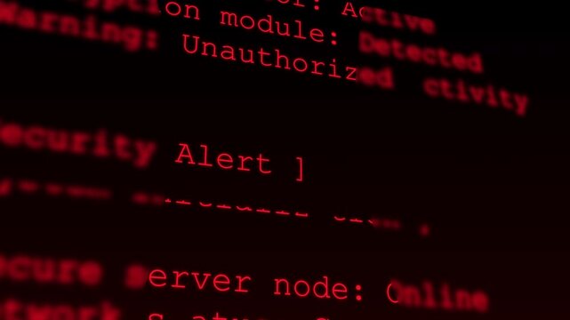 Close-up view of a dark computer screen displaying red text with security alert, server node status, and active system monitoring. Concept for cybersecurity threat, hacking and malware attack.