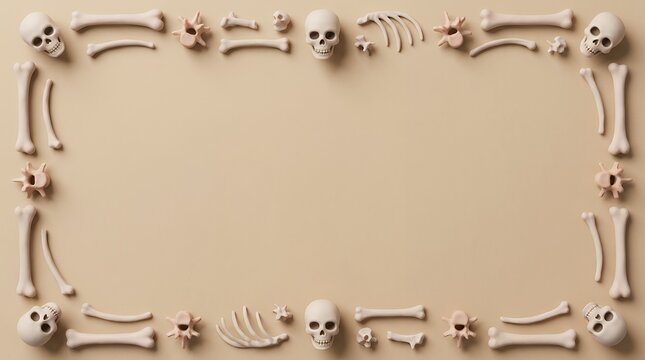Complete rectangular 3D skull and bone border enclosing a blank beige halloween background with ample copy space for autumn spooky holiday event announcements.