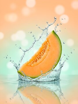 Fresh cantaloupe slice falling into water with dynamic splash and soft bokeh background