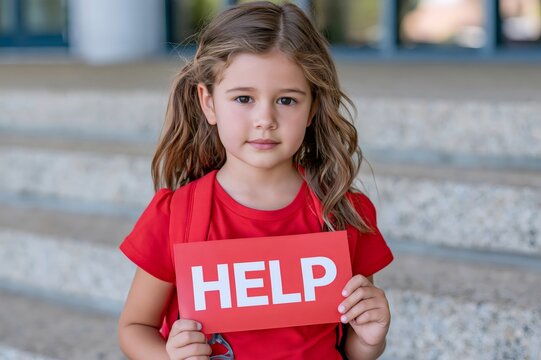 Young student girl holding red help sign outdoors