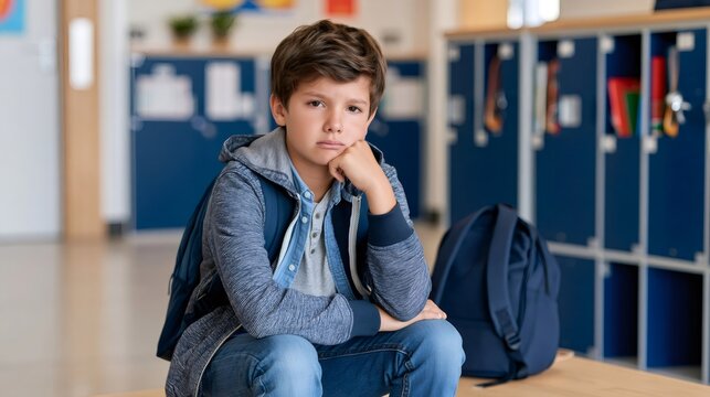 Young schoolboy feeling sad and lonely in classroom