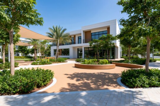 Modern luxury villa building in Dubai with lush landscaping