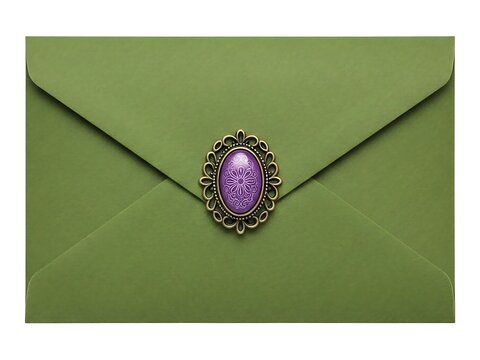 An elegant olive green envelope sealed with a decorative purple gemstone