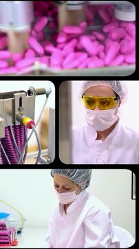 High-Tech Pharmaceutical Production Line Multiscreen Pill Manufacturing. A Dynamic video showing automated medicine manufacturing, capsule production lines, and quality control workers in masks.