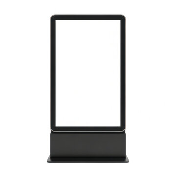 Vertical digital signage kiosk mockup with a blank white screen for advertising display.