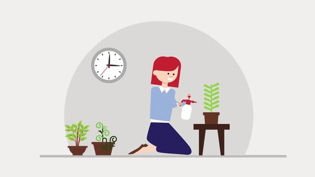 2D animation of a woman kneeling and spraying water on indoor house plants plant care routine concept