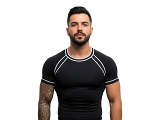 Obraz premium A handsome bearded man posing in a fitted black athletic performance shirt