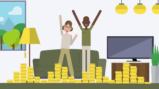 2D animation of a happy man and woman cheering behind growing stacks of gold coins financial success concept