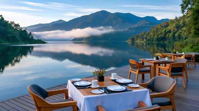 Resort terrace with breakfast tables facing tranquil mountain lake