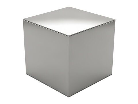 A perfectly shaped silver metallic cube isolated on a clean white background