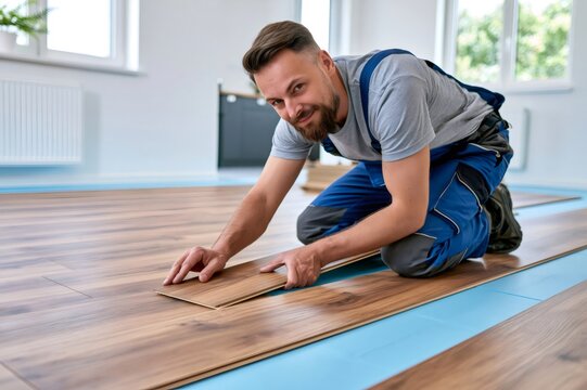 Man installing laminate flooring in new home