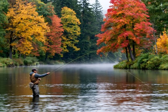 Man fly fishing in autumn river with colorful trees