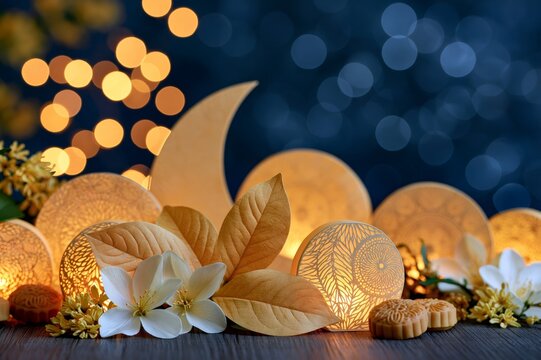 Mid-Autumn Festival still life with mooncakes and lanterns