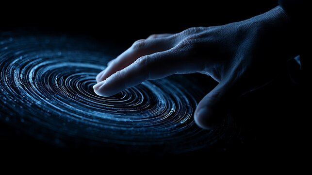 Futuristic human hand unlocking multiple layers of digital authentication, concentric neon blue security rings, encrypted network connections,