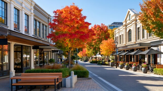 Autumn street with vibrant trees and boutique shops