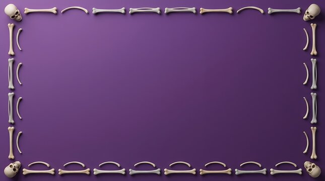 Symmetrical skull and bone border running along top and bottom edges of a rich purple background with central copy space for spooky text.