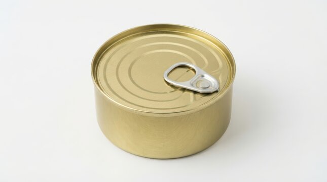 Closed round metal tin can with pull tab isolated on white background