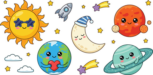 Cute Kawaii Solar System Planet Vector Set with Funny Sun Moon Earth and Rocket Elements for Kids Graphic Designs © Lipon