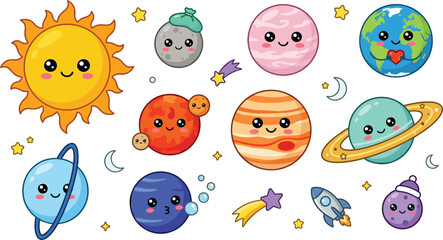Cute Solar System Planet Vector Set with Kawaii Sun Earth Mars and Rocket Elements for Kids Nursery Graphic Designs © Lipon