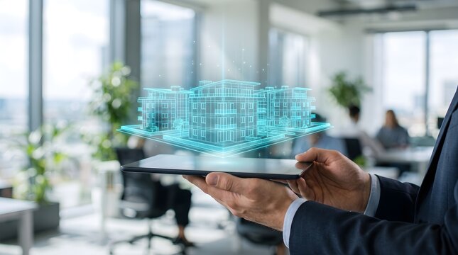Real estate agent holding tablet with holographic 3D model of apartment complex in modern office.