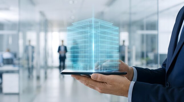 Real estate agent in suit cradling tablet with glowing holographic multi-story office building.
