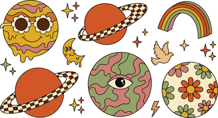 Retro Groovy Space Vector Element Set with Melting Sun Saturn Rainbow and Psychedelic Planet Graphics for Vintage Designs © Lipon