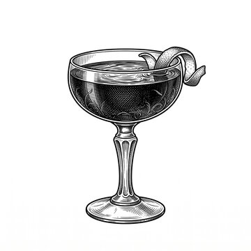 Vintage engraving of a classic cocktail in a coupe glass with citrus peel garnish