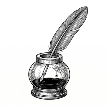 Vintage inkwell with feather pen, spider and cobweb in dark academia engraving style