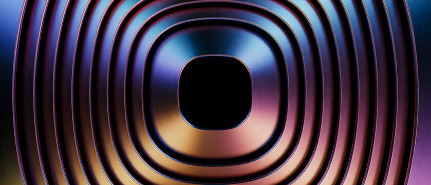An abstract metallic background featuring concentric rounded square rings with glossy purple, blue, and gold reflections.