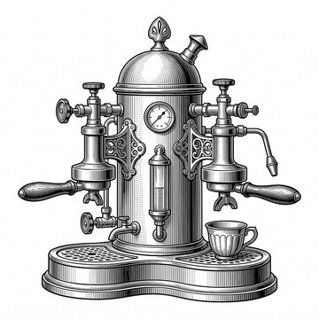 Antique Italian espresso coffee machine with cup in classic steampunk engraving style