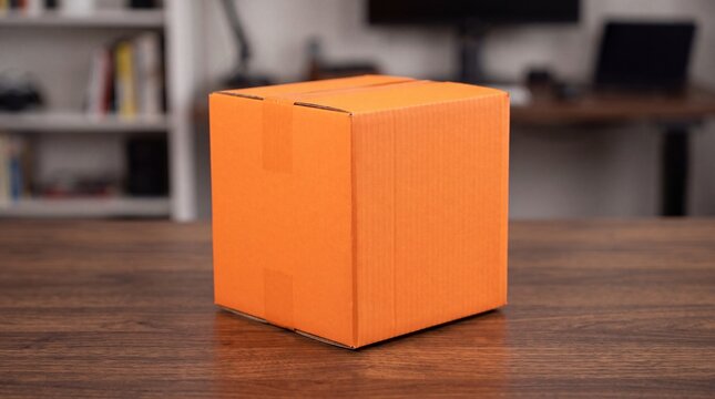 Orange cardboard shipping box sits on wooden office table against blurred bookshelf background for delivery and retail packaging mockups