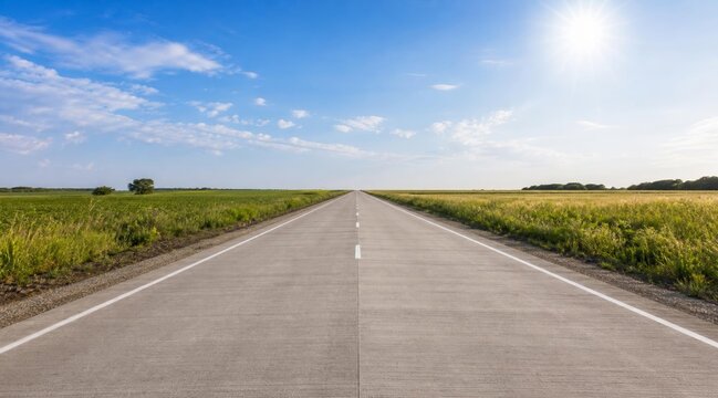 A straight asphalt road stretching through a green summer field under a bright blue sky.
