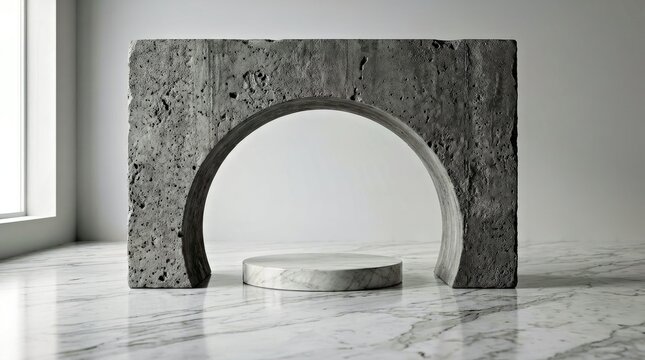 Concrete Arch With White Marble Base on Gray Marble Floor