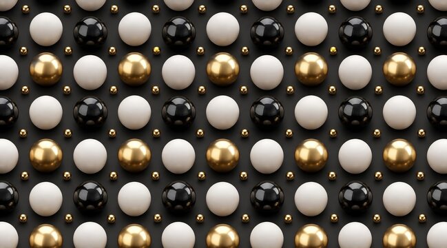 Abstract Geometric Pattern of White Black and Gold Spheres.